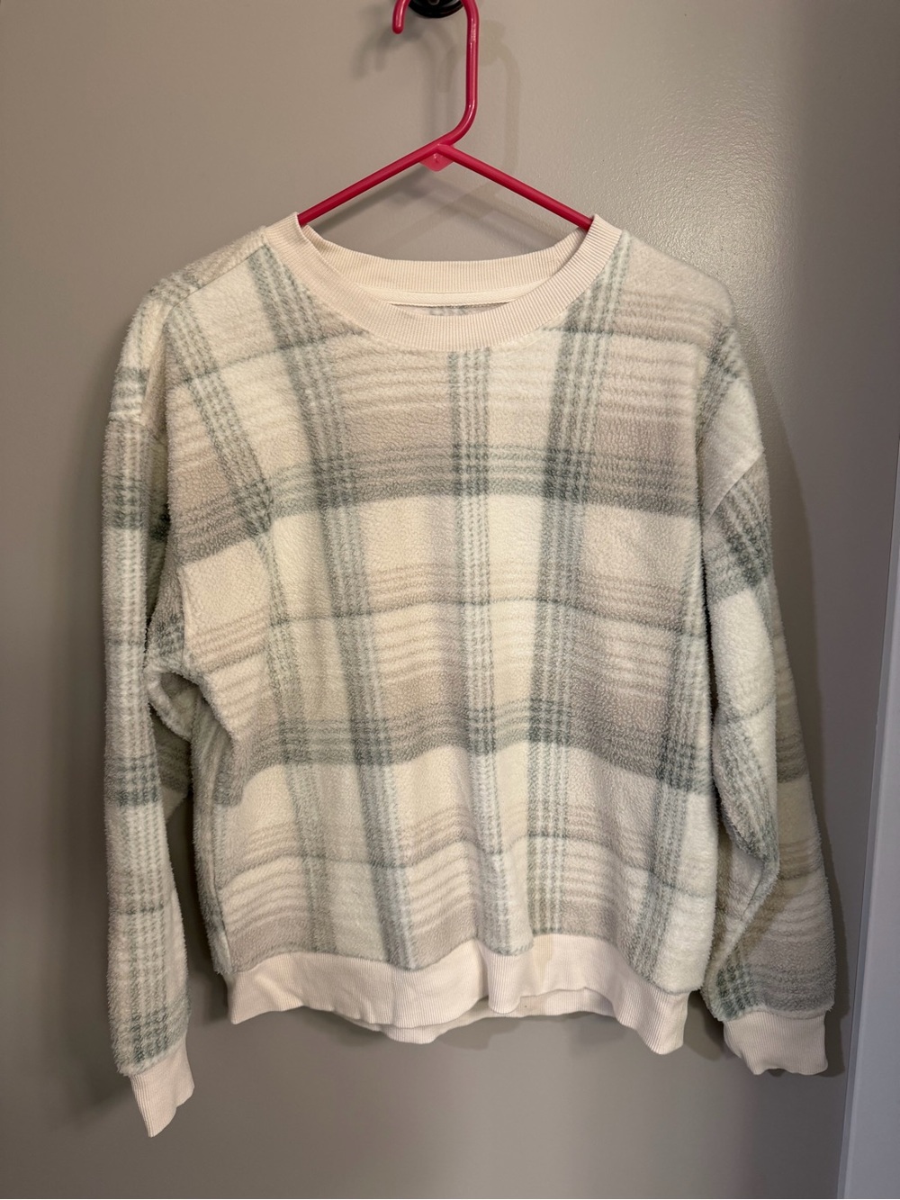 Thread & Supply Cream Crewneck Sweater with Soft Gray-Green Plaid